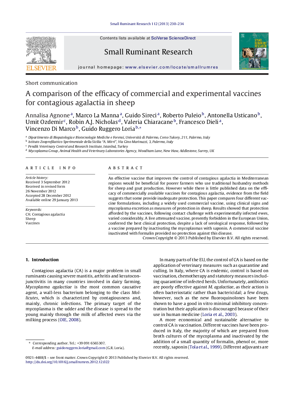 A comparison of the efficacy of commercial and experimental vaccines for contagious agalactia in sheep