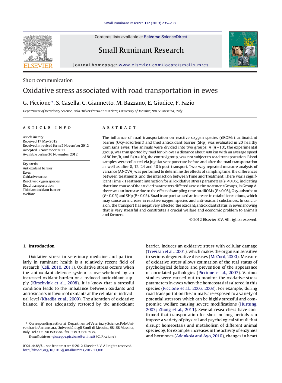 Oxidative stress associated with road transportation in ewes