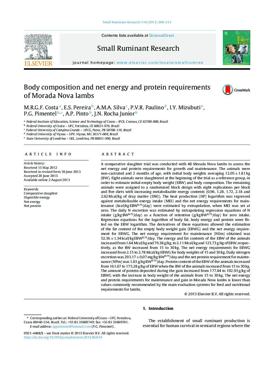 Body composition and net energy and protein requirements of Morada Nova lambs