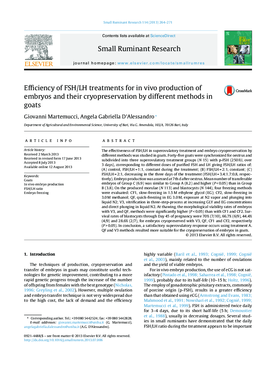 Efficiency of FSH/LH treatments for in vivo production of embryos and their cryopreservation by different methods in goats