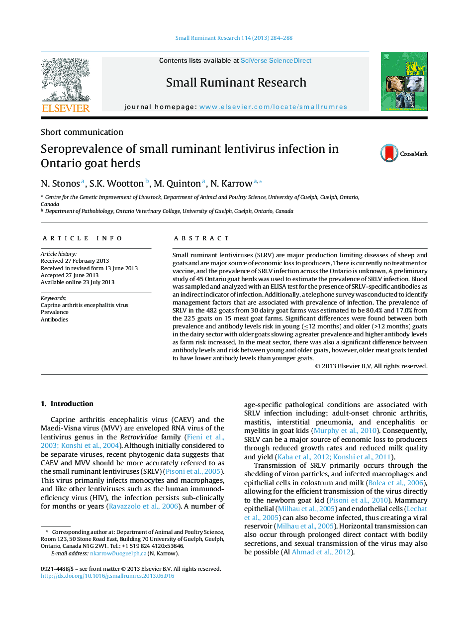 Seroprevalence of small ruminant lentivirus infection in Ontario goat herds