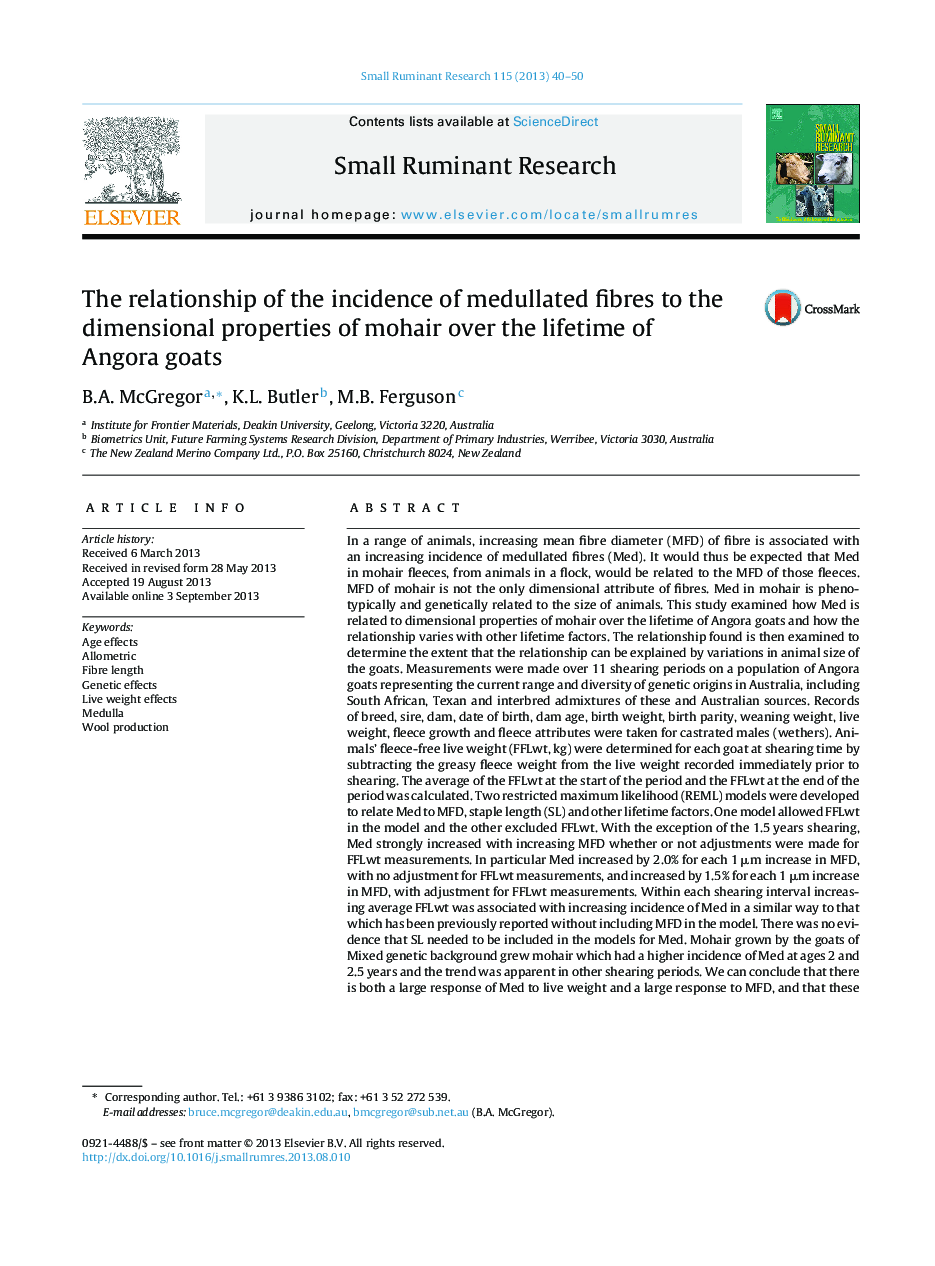 The relationship of the incidence of medullated fibres to the dimensional properties of mohair over the lifetime of Angora goats