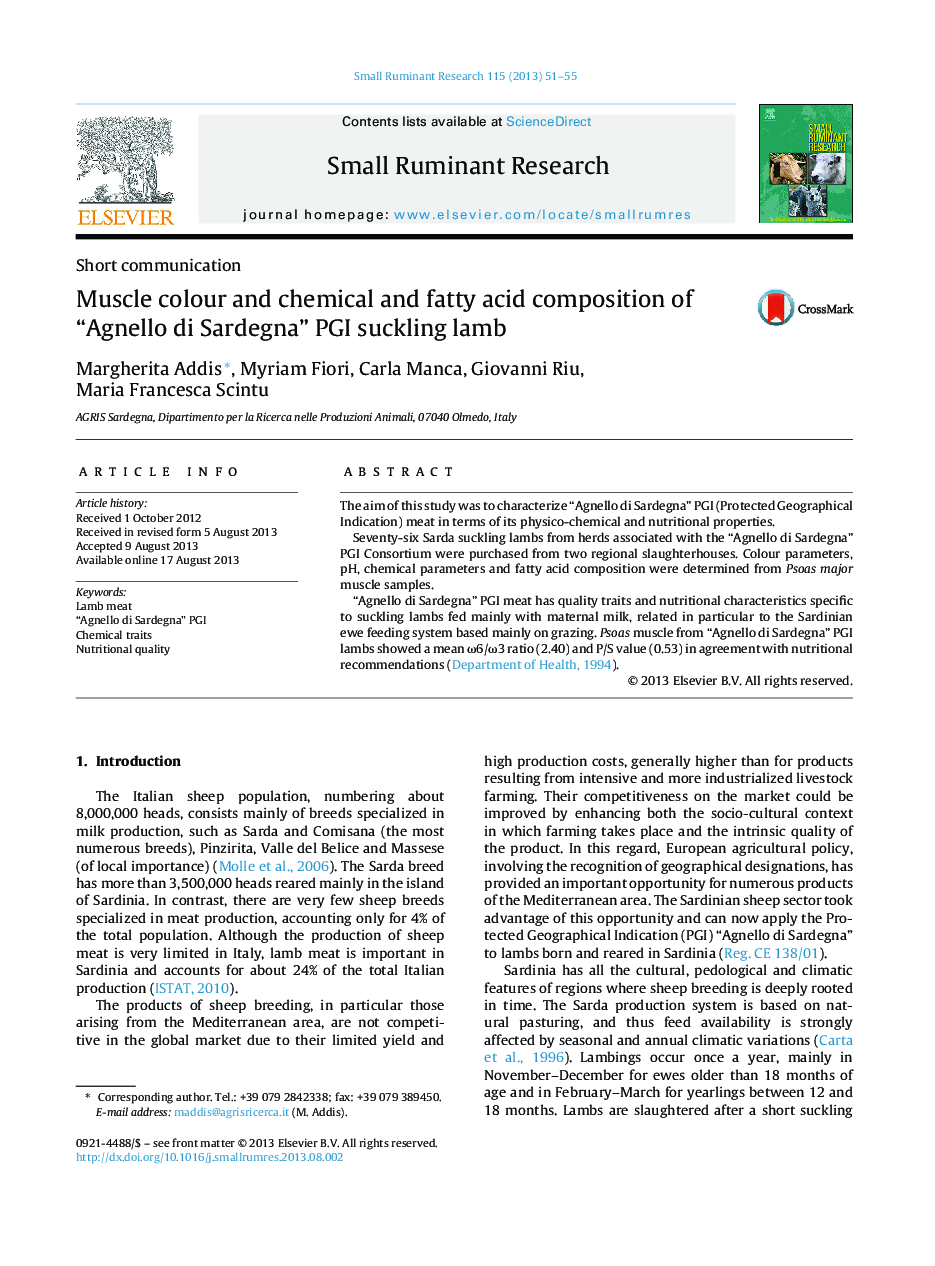 Muscle colour and chemical and fatty acid composition of “Agnello di Sardegna” PGI suckling lamb