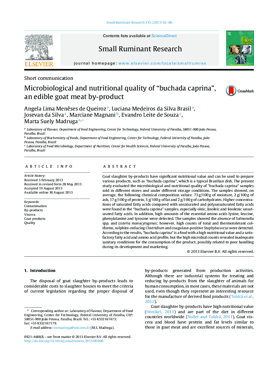 Short communicationMicrobiological and nutritional quality of “buchada caprina”, an edible goat meat by-product