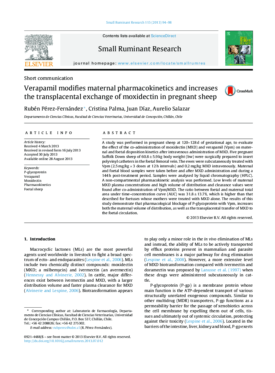 Verapamil modifies maternal pharmacokinetics and increases the transplacental exchange of moxidectin in pregnant sheep