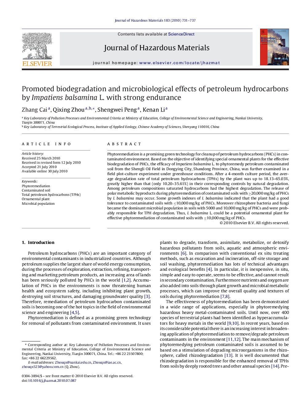 Promoted biodegradation and microbiological effects of petroleum hydrocarbons by Impatiens balsamina L. with strong endurance