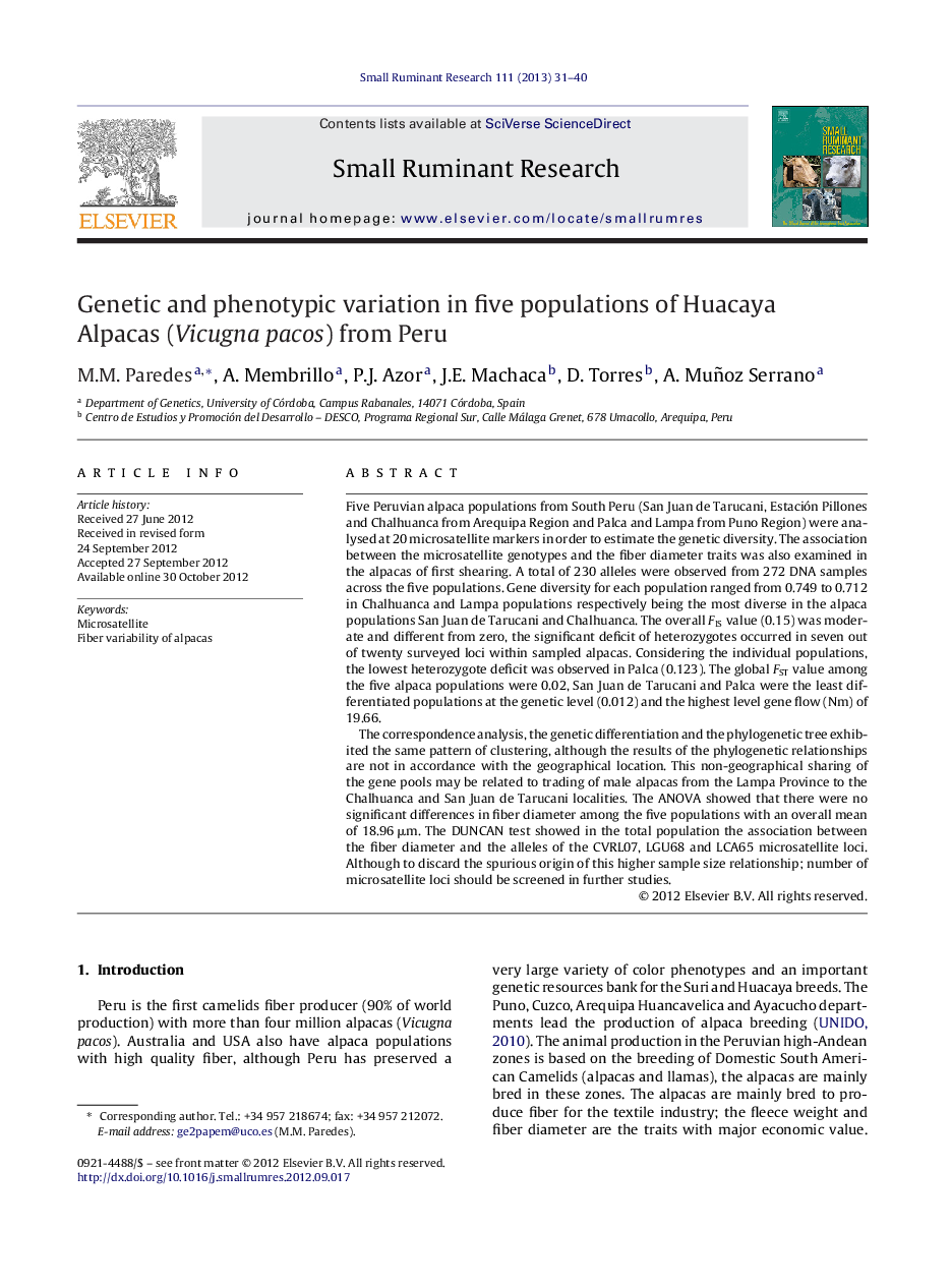 Genetic and phenotypic variation in five populations of Huacaya Alpacas (Vicugna pacos) from Peru