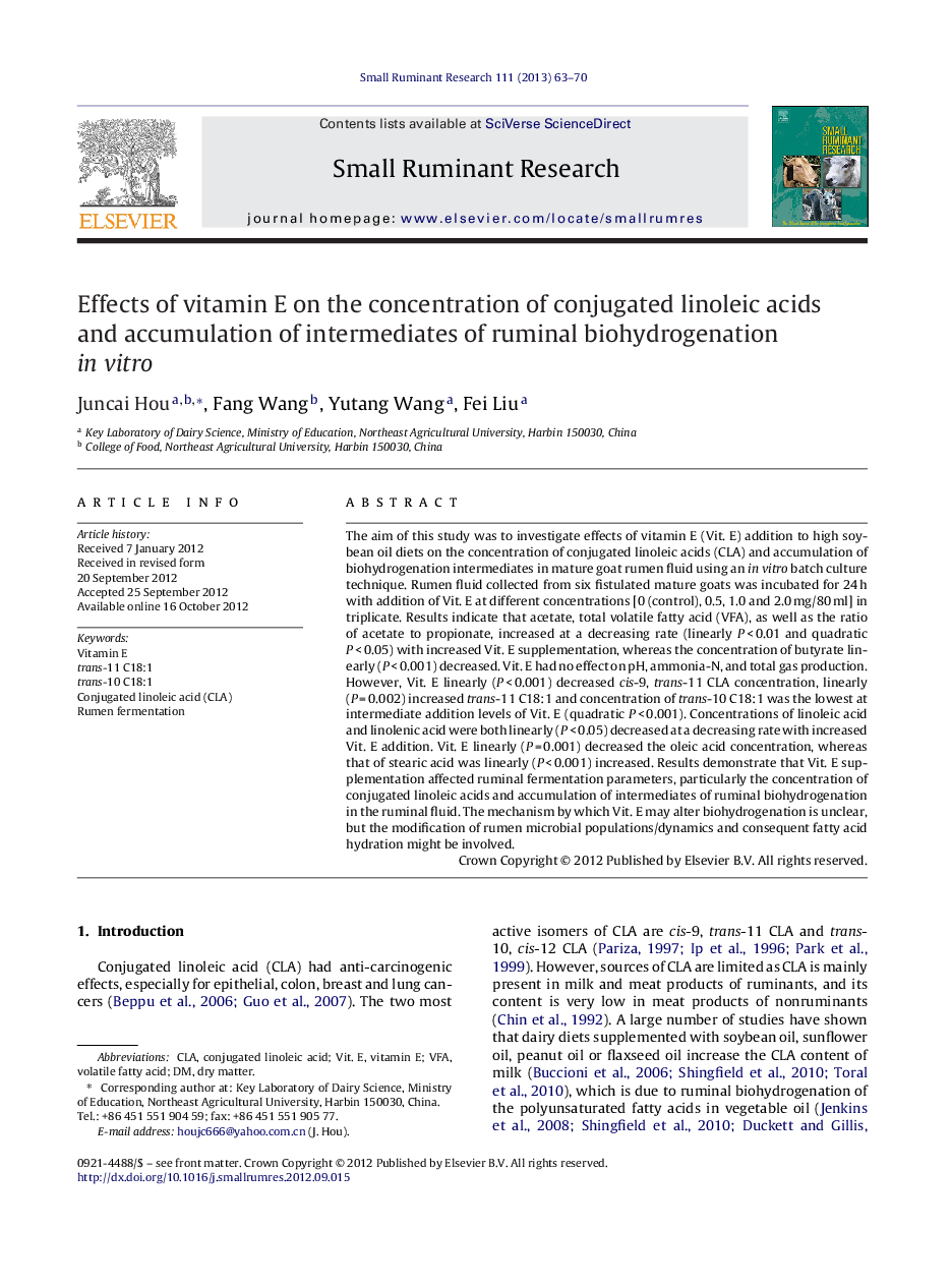 Effects of vitamin E on the concentration of conjugated linoleic acids and accumulation of intermediates of ruminal biohydrogenation in vitro