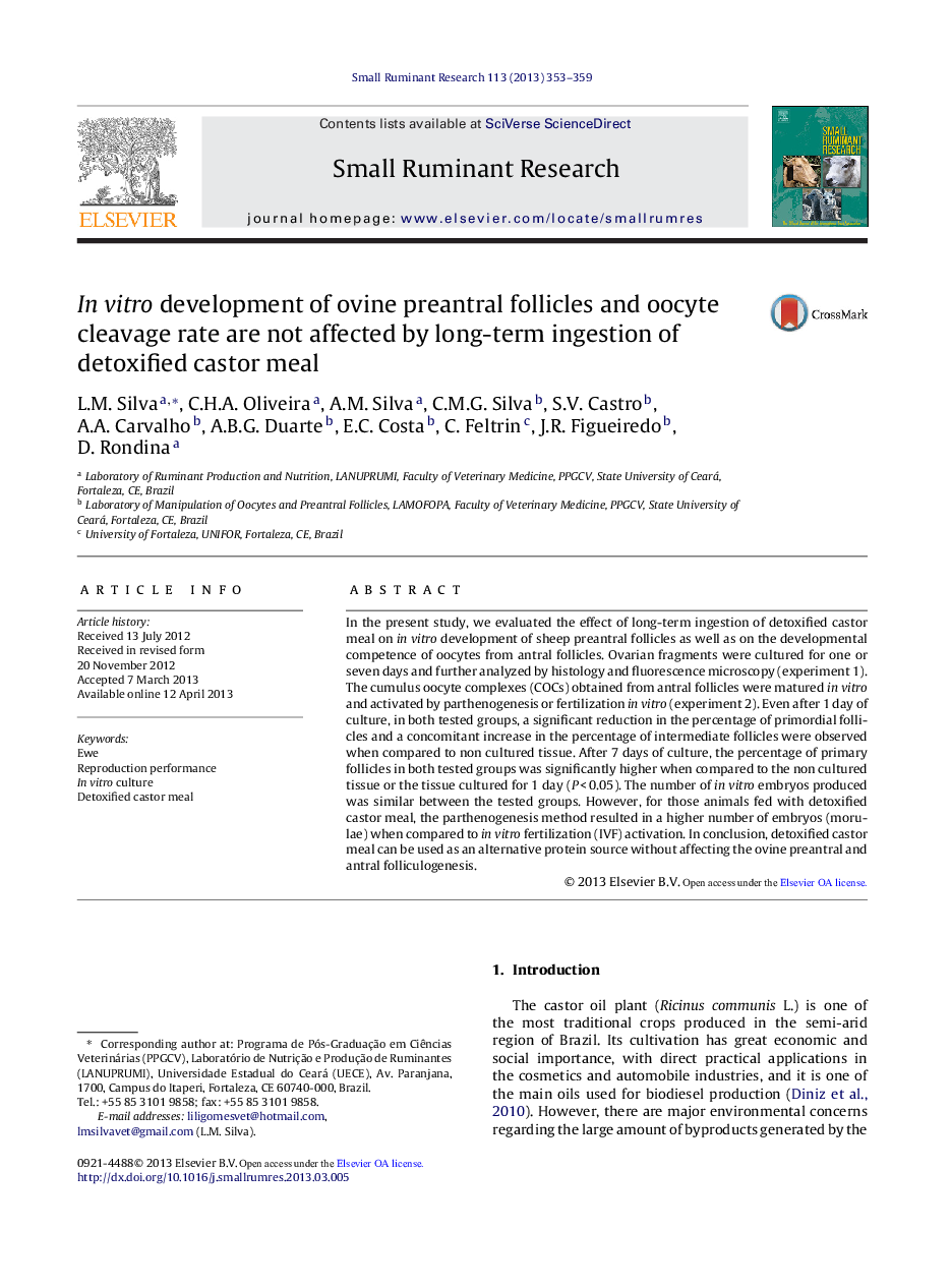 In vitro development of ovine preantral follicles and oocyte cleavage rate are not affected by long-term ingestion of detoxified castor meal