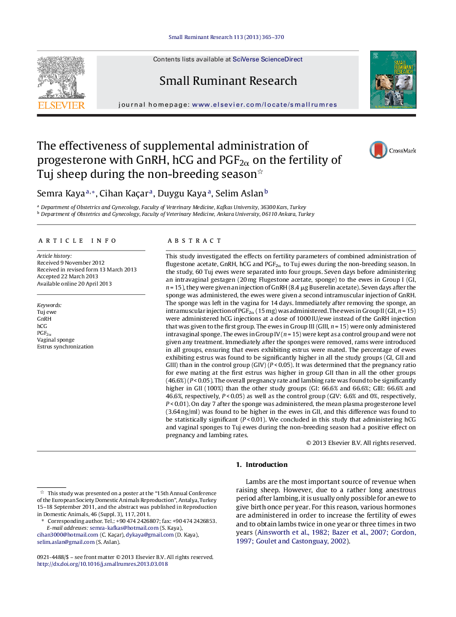 The effectiveness of supplemental administration of progesterone with GnRH, hCG and PGF2Î± on the fertility of Tuj sheep during the non-breeding season