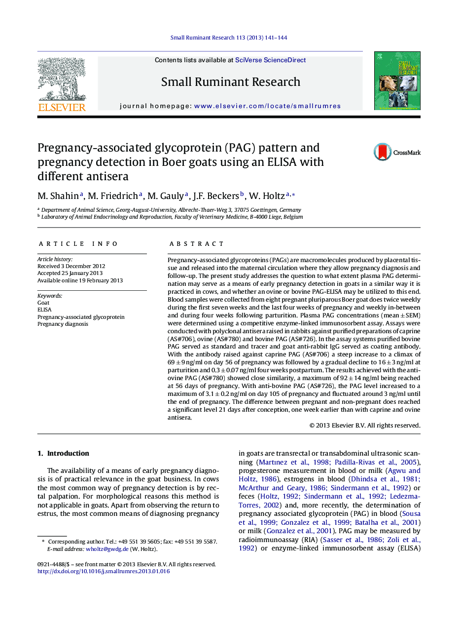 Pregnancy-associated glycoprotein (PAG) pattern and pregnancy detection in Boer goats using an ELISA with different antisera
