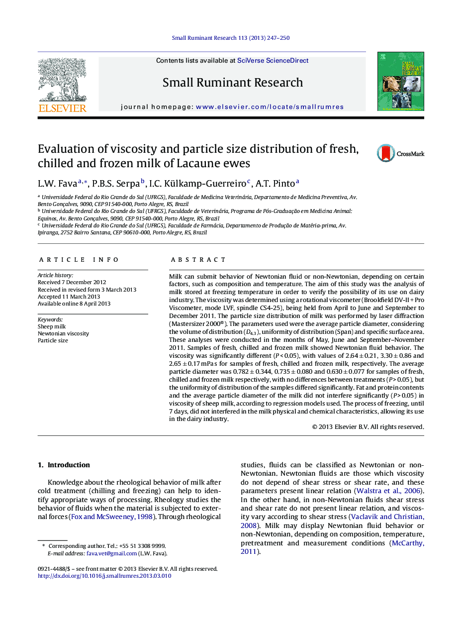 Evaluation of viscosity and particle size distribution of fresh, chilled and frozen milk of Lacaune ewes