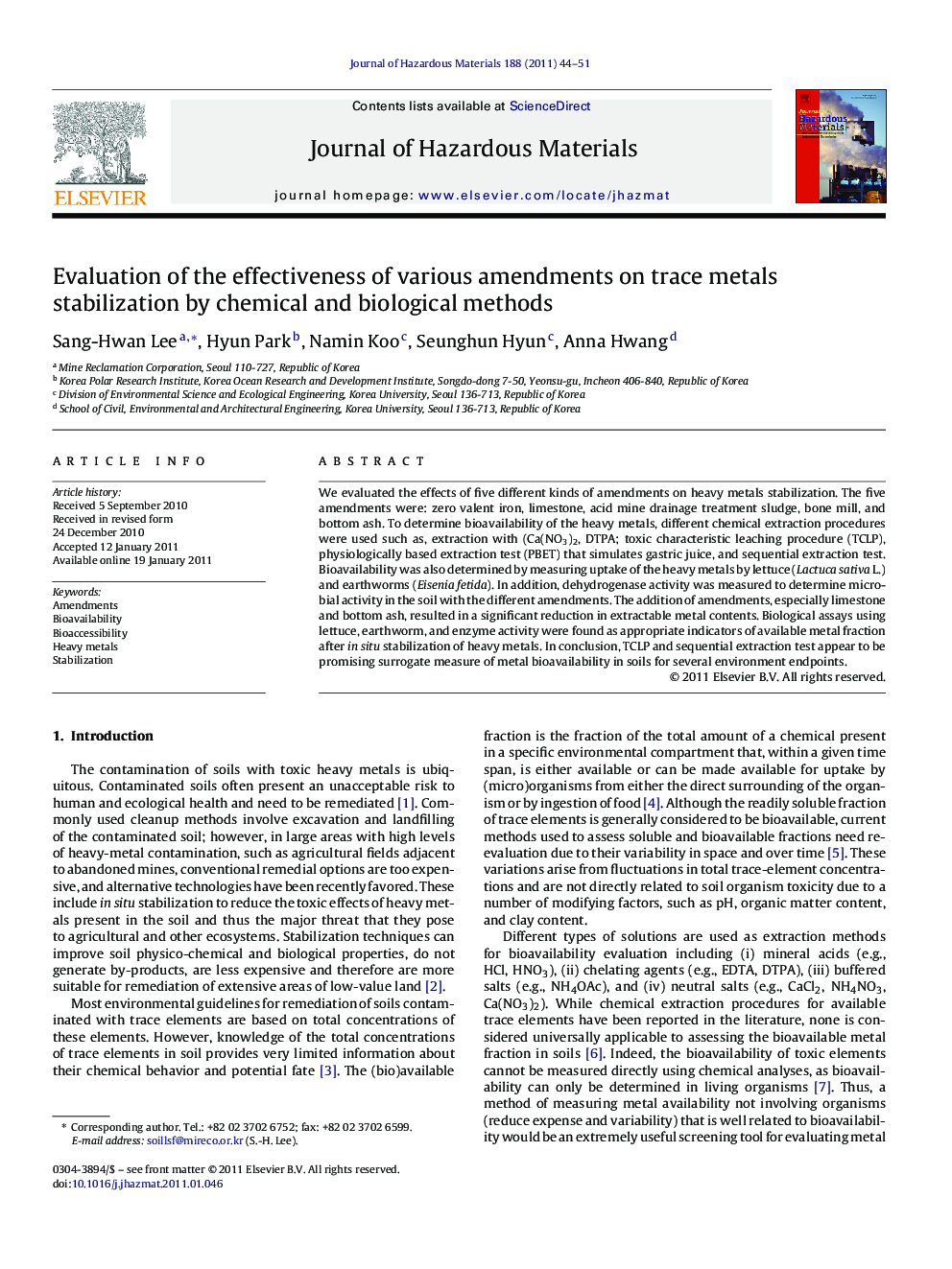 Evaluation of the effectiveness of various amendments on trace metals stabilization by chemical and biological methods