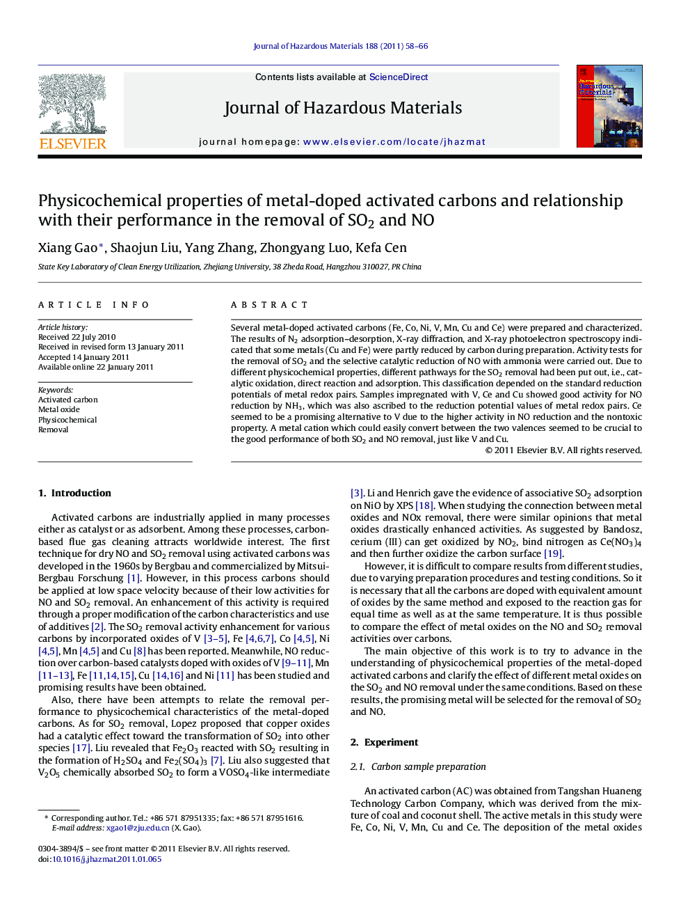 Physicochemical properties of metal-doped activated carbons and relationship with their performance in the removal of SO2 and NO