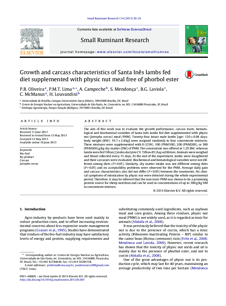 Growth and carcass characteristics of Santa InÃªs lambs fed diet supplemented with physic nut meal free of phorbol ester