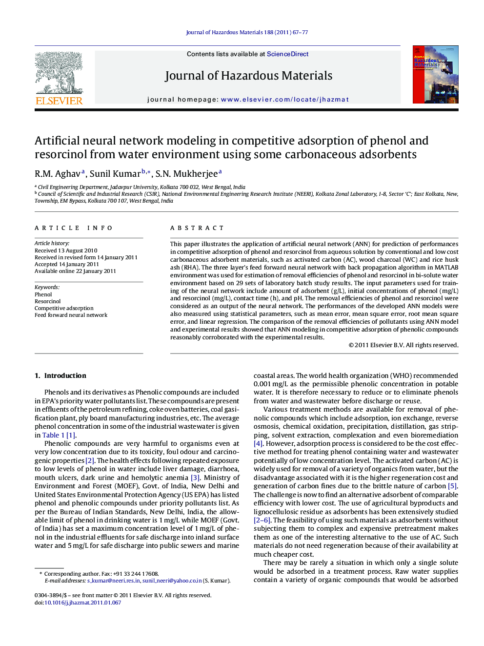 Artificial neural network modeling in competitive adsorption of phenol and resorcinol from water environment using some carbonaceous adsorbents