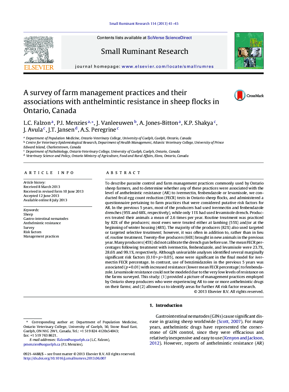 A survey of farm management practices and their associations with anthelmintic resistance in sheep flocks in Ontario, Canada