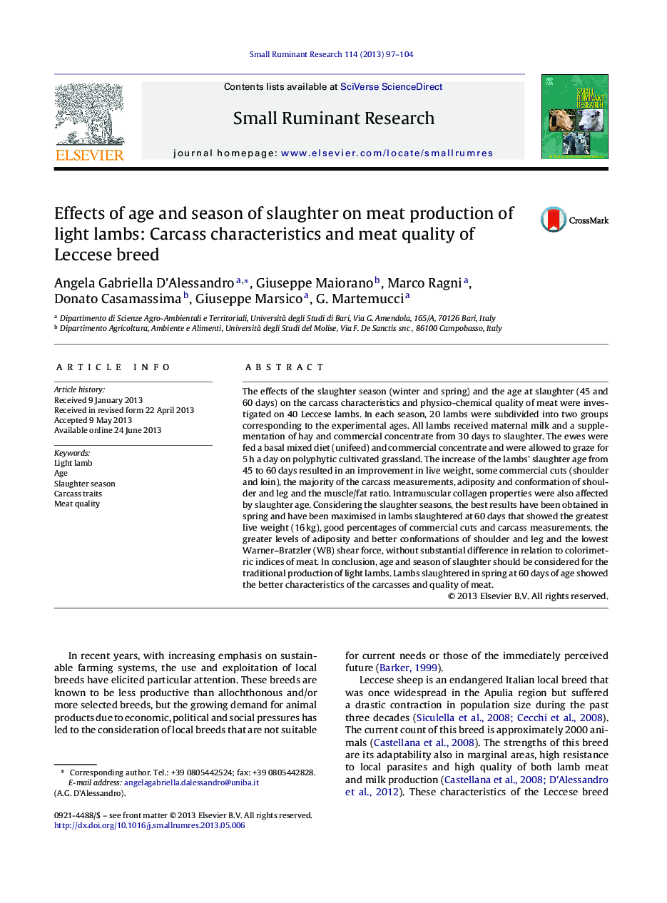 Effects of age and season of slaughter on meat production of light lambs: Carcass characteristics and meat quality of Leccese breed