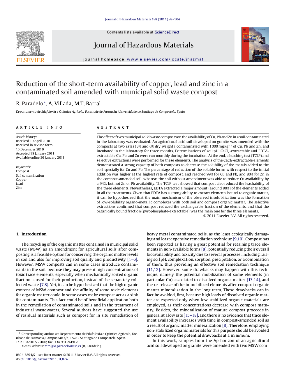 Reduction of the short-term availability of copper, lead and zinc in a contaminated soil amended with municipal solid waste compost