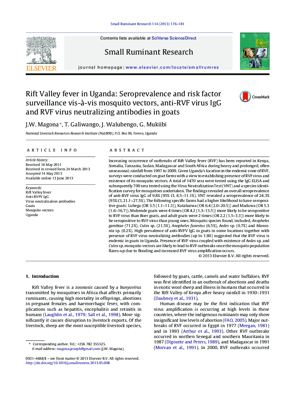 Rift Valley fever in Uganda: Seroprevalence and risk factor surveillance vis-Ã -vis mosquito vectors, anti-RVF virus IgG and RVF virus neutralizing antibodies in goats