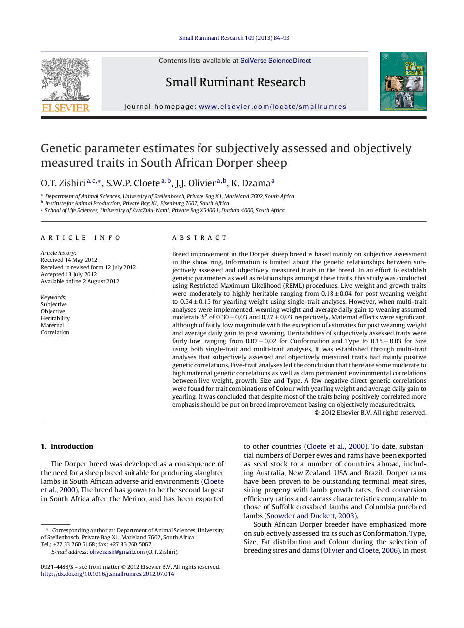 Genetic parameter estimates for subjectively assessed and objectively measured traits in South African Dorper sheep