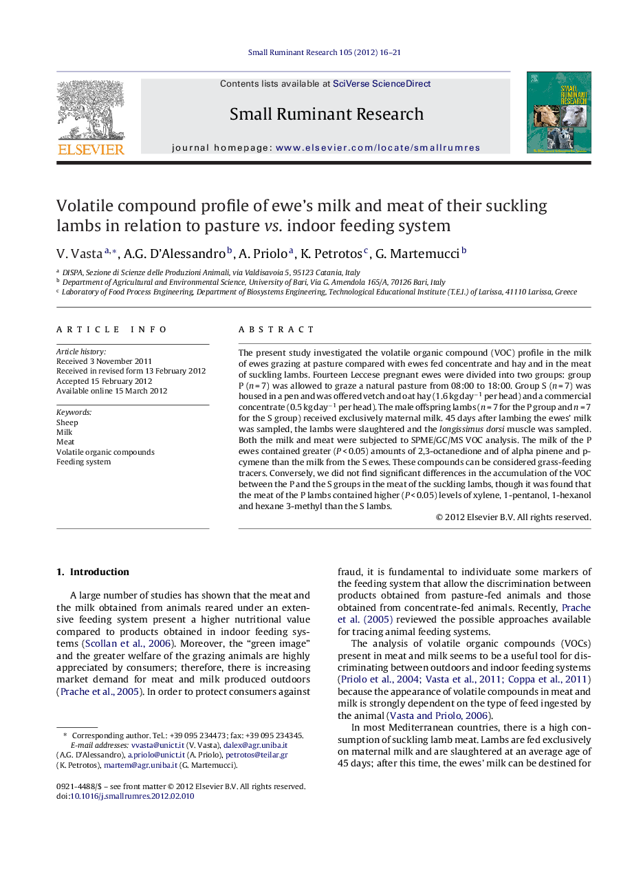 Volatile compound profile of ewe's milk and meat of their suckling lambs in relation to pasture vs. indoor feeding system