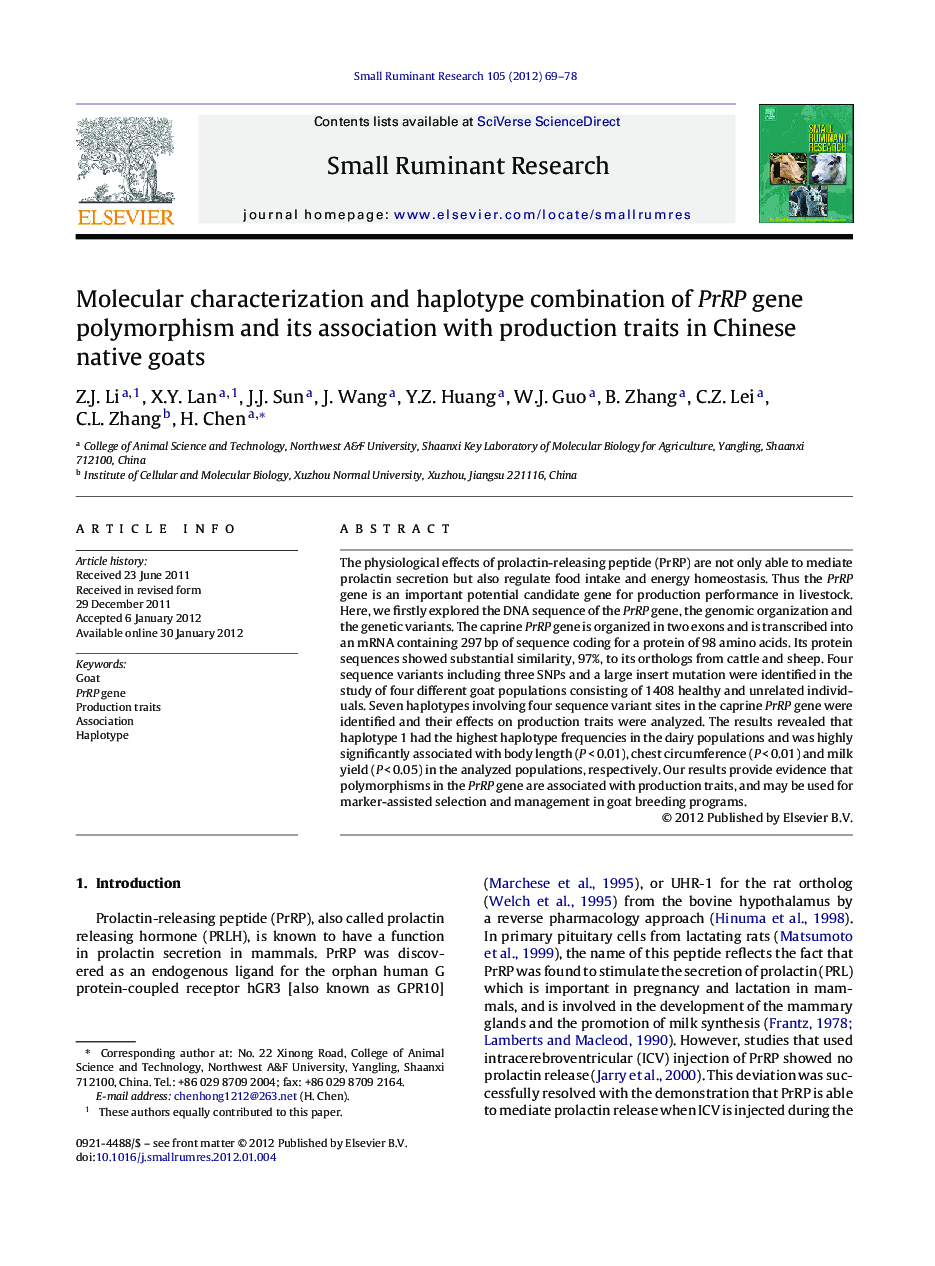 Molecular characterization and haplotype combination of PrRP gene polymorphism and its association with production traits in Chinese native goats