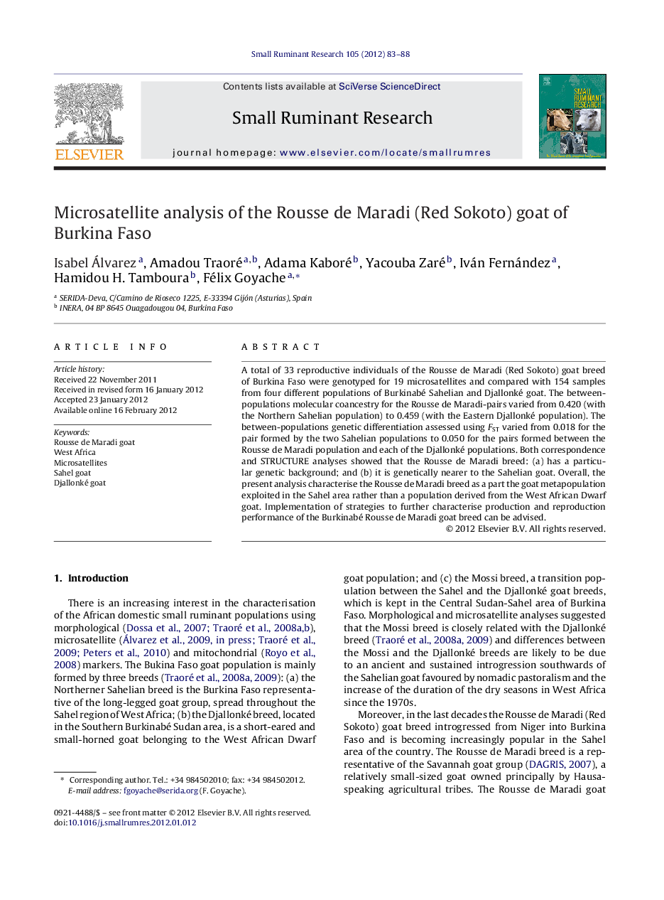 عکس صفحه اول مقاله: Microsatellite analysis of the Rousse de Maradi (Red Sokoto) goat of Burkina Faso Microsatellite analysis of the Rousse de Maradi (Red Sokoto) goat of Burkina Faso