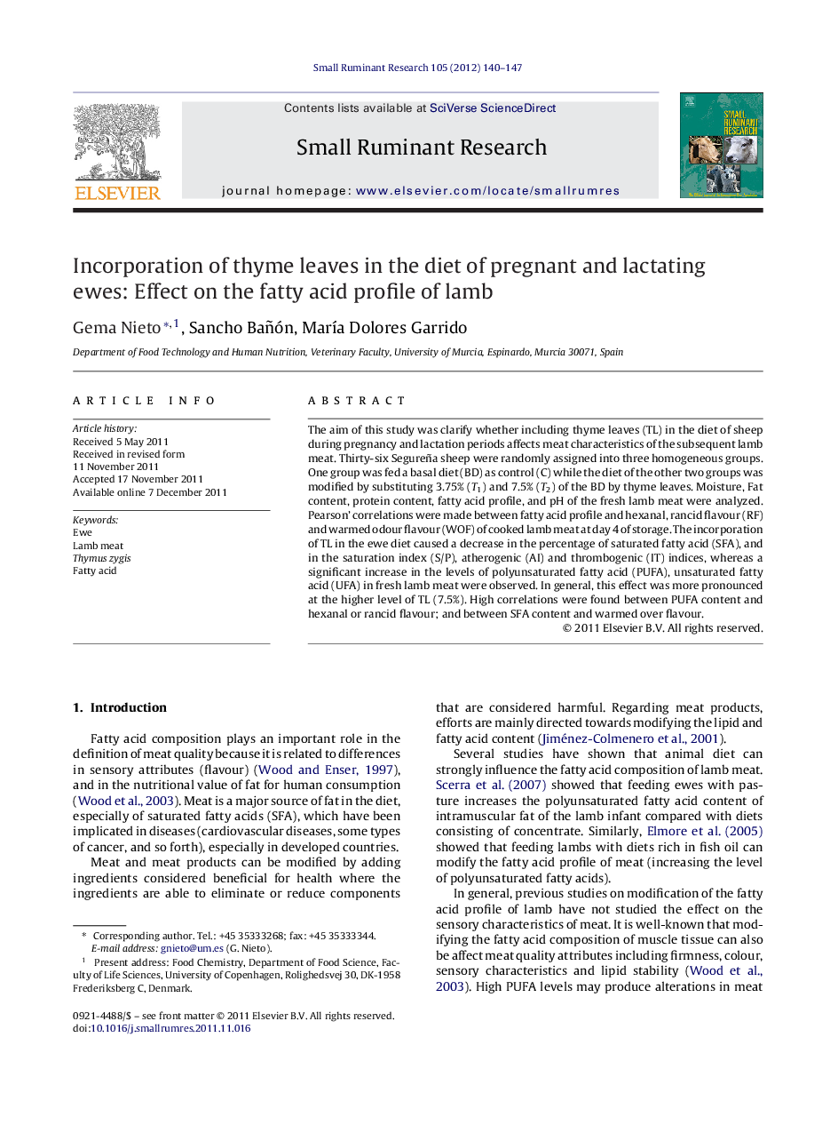 Incorporation of thyme leaves in the diet of pregnant and lactating ewes: Effect on the fatty acid profile of lamb