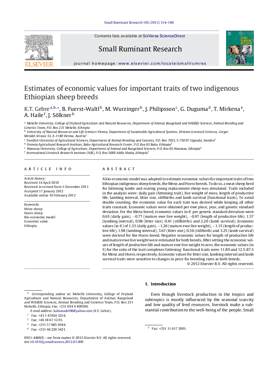 Estimates of economic values for important traits of two indigenous Ethiopian sheep breeds