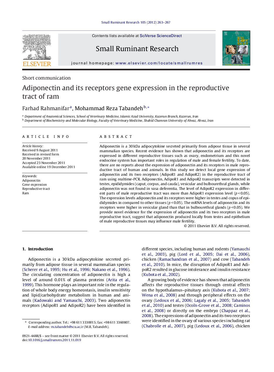 Adiponectin and its receptors gene expression in the reproductive tract of ram