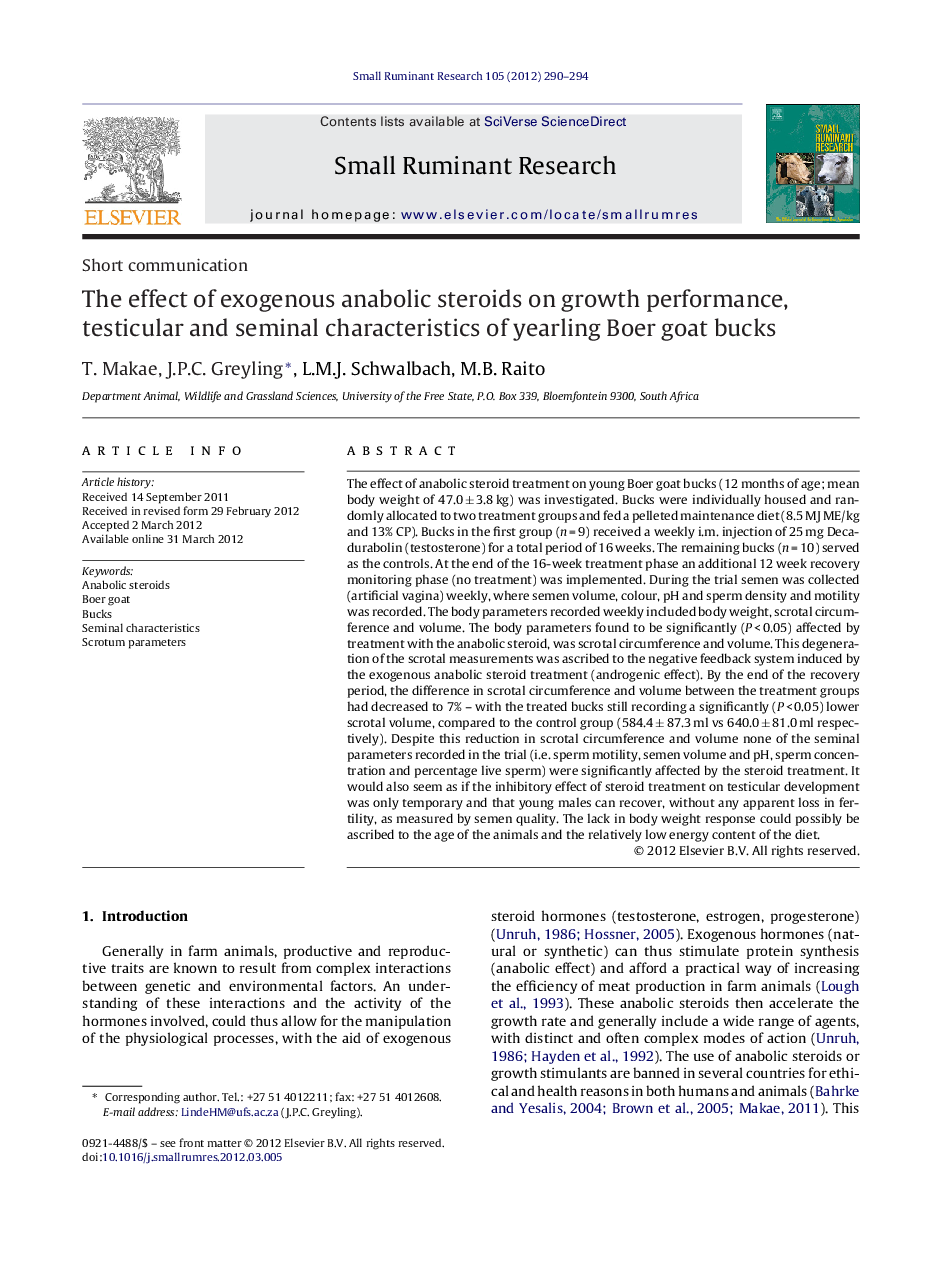 The effect of exogenous anabolic steroids on growth performance, testicular and seminal characteristics of yearling Boer goat bucks