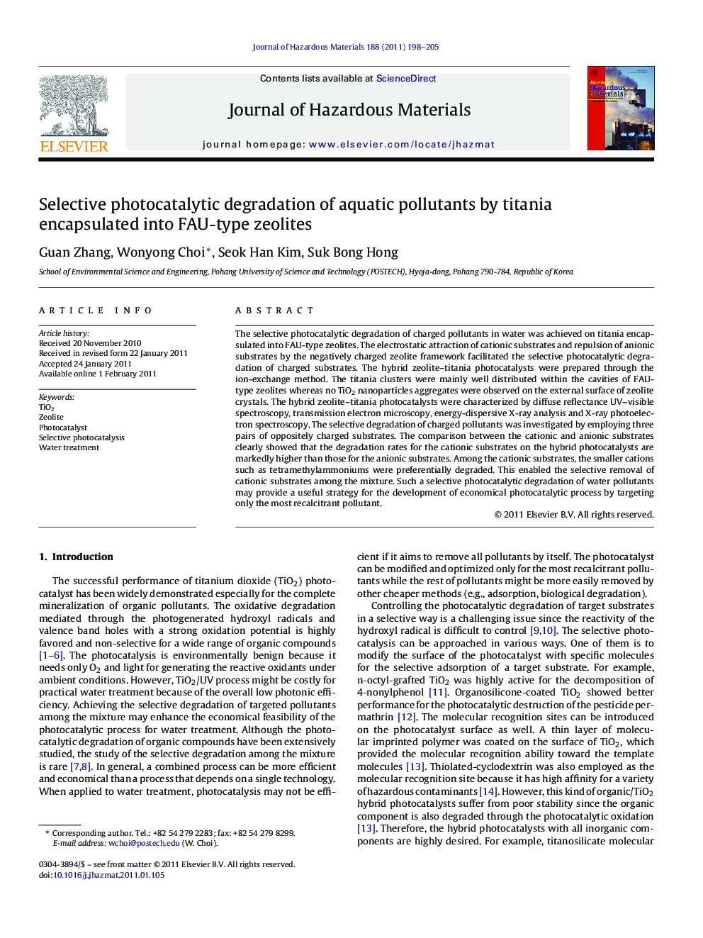 Selective photocatalytic degradation of aquatic pollutants by titania encapsulated into FAU-type zeolites