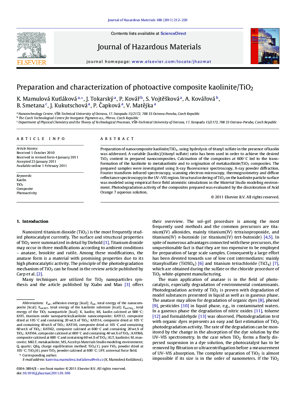 Preparation and characterization of photoactive composite kaolinite/TiO2