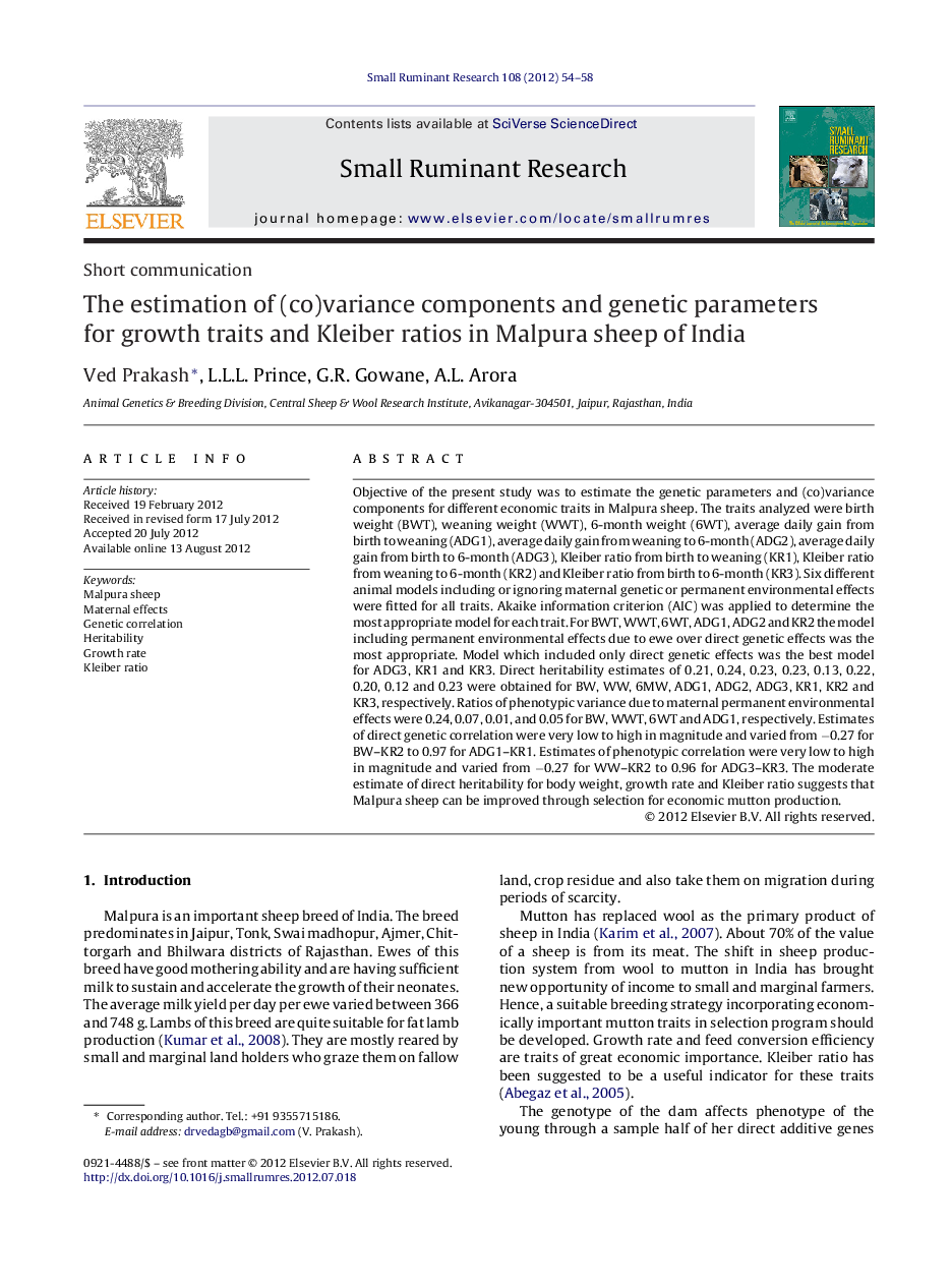 The estimation of (co)variance components and genetic parameters for growth traits and Kleiber ratios in Malpura sheep of India