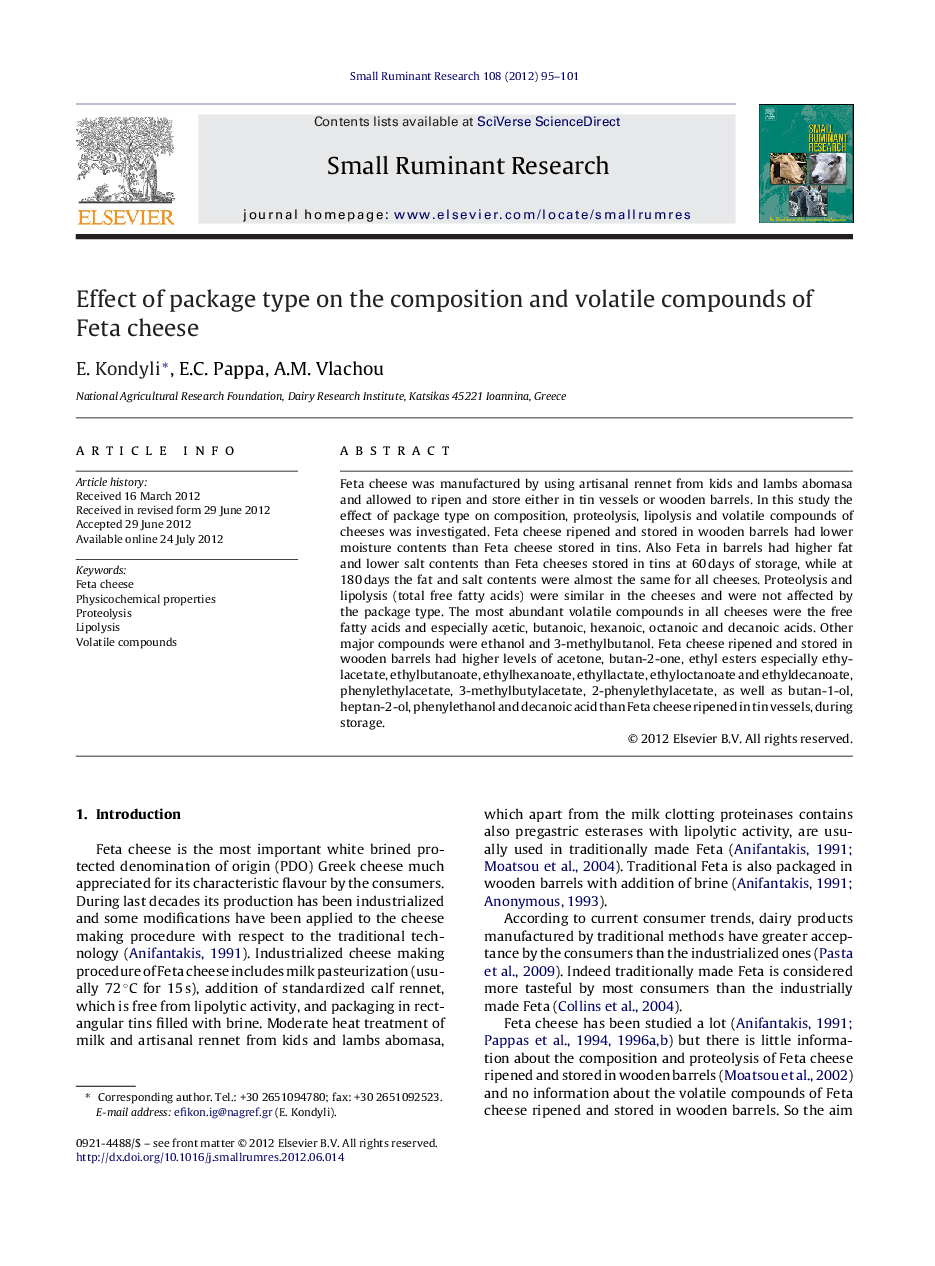 عکس صفحه اول مقاله: Effect of package type on the composition and volatile compounds of Feta cheese Effect of package type on the composition and volatile compounds of Feta cheese