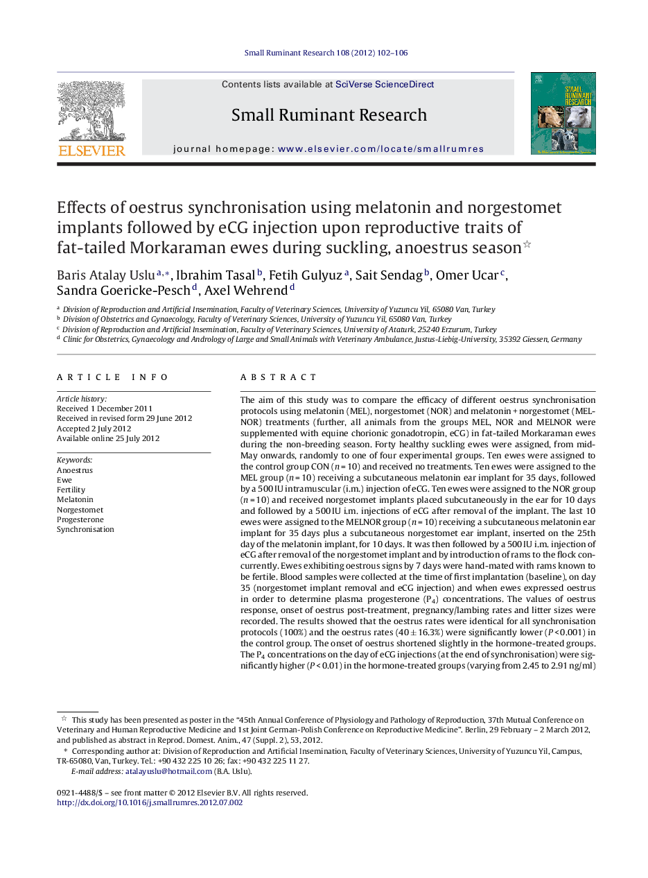 Effects of oestrus synchronisation using melatonin and norgestomet implants followed by eCG injection upon reproductive traits of fat-tailed Morkaraman ewes during suckling, anoestrus season