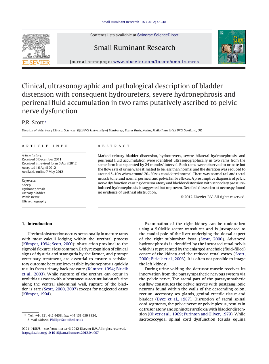 Clinical, ultrasonographic and pathological description of bladder distension with consequent hydroureters, severe hydronephrosis and perirenal fluid accumulation in two rams putatively ascribed to pelvic nerve dysfunction