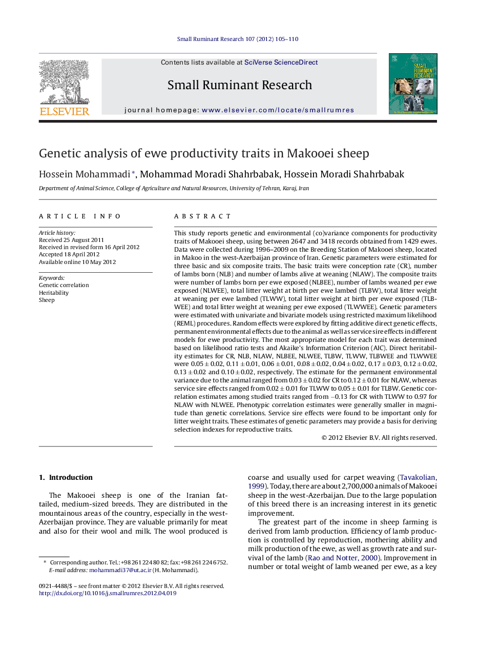 Genetic analysis of ewe productivity traits in Makooei sheep