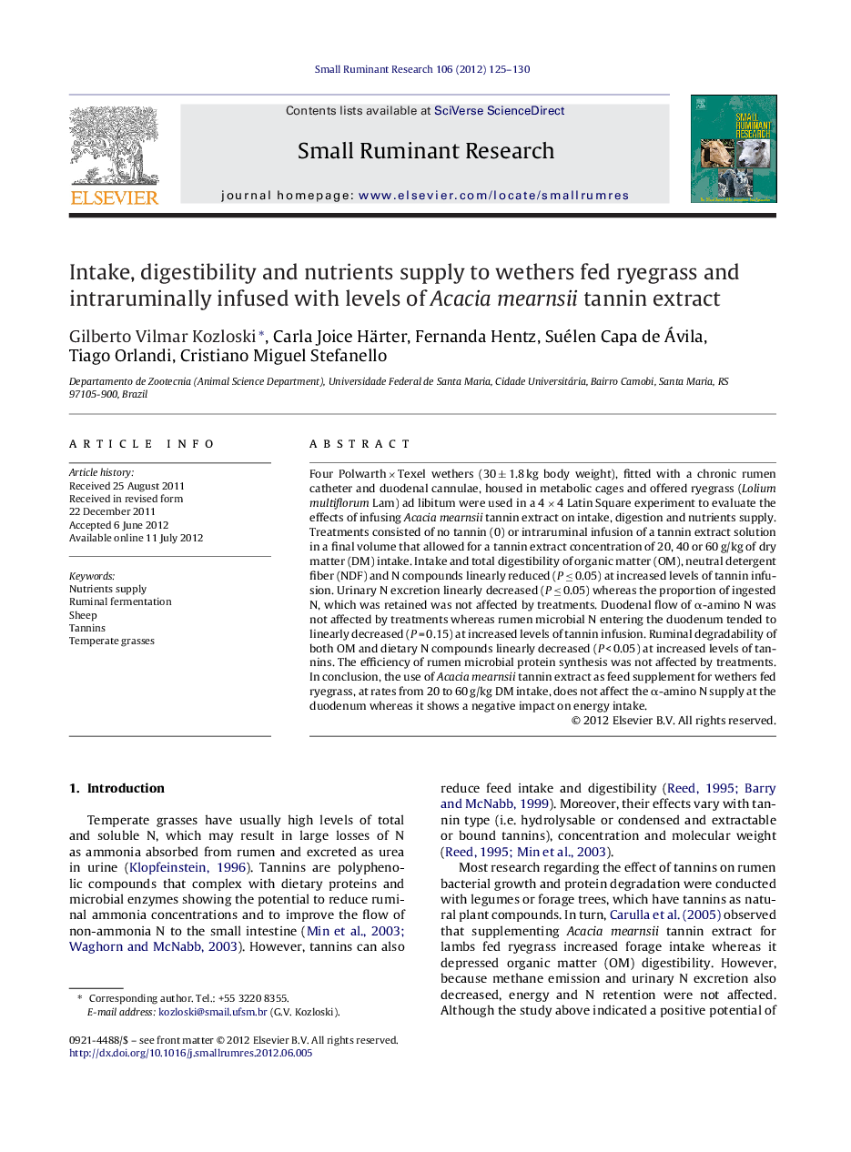 Intake, digestibility and nutrients supply to wethers fed ryegrass and intraruminally infused with levels of Acacia mearnsii tannin extract