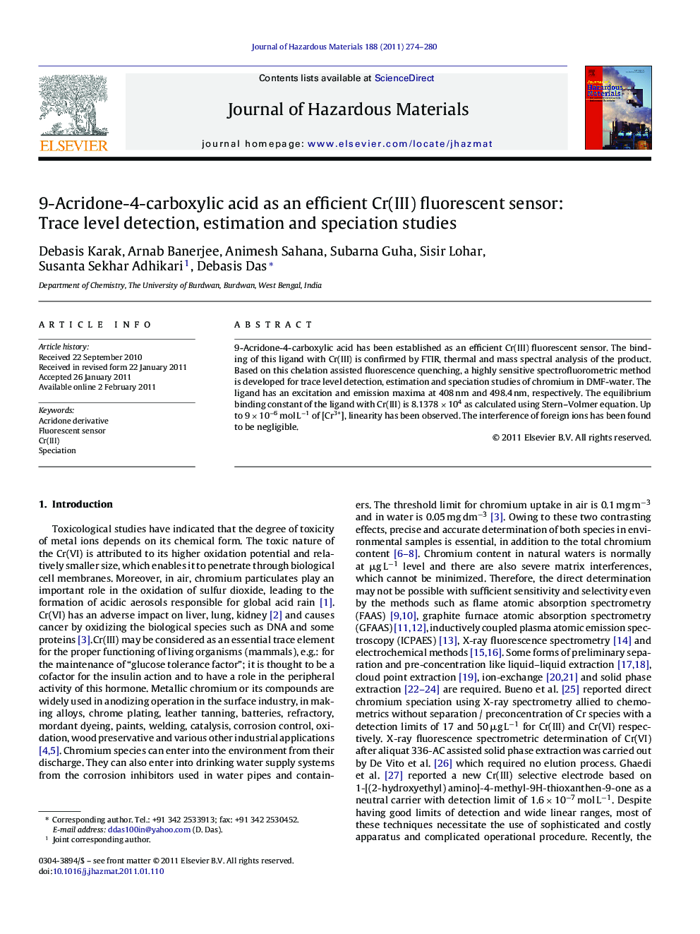 9-Acridone-4-carboxylic acid as an efficient Cr(III) fluorescent sensor: Trace level detection, estimation and speciation studies