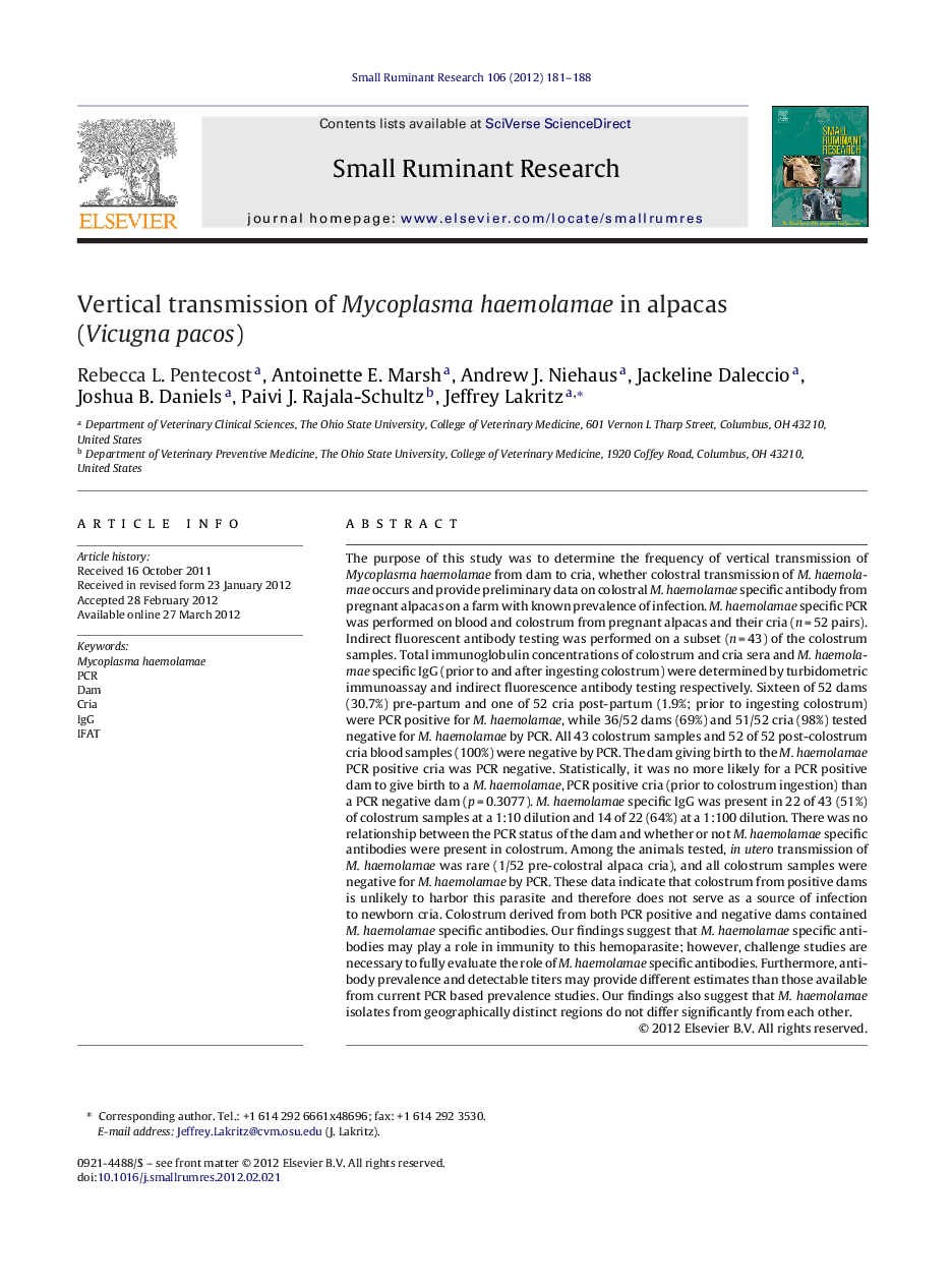 Vertical transmission of Mycoplasma haemolamae in alpacas (Vicugna pacos)