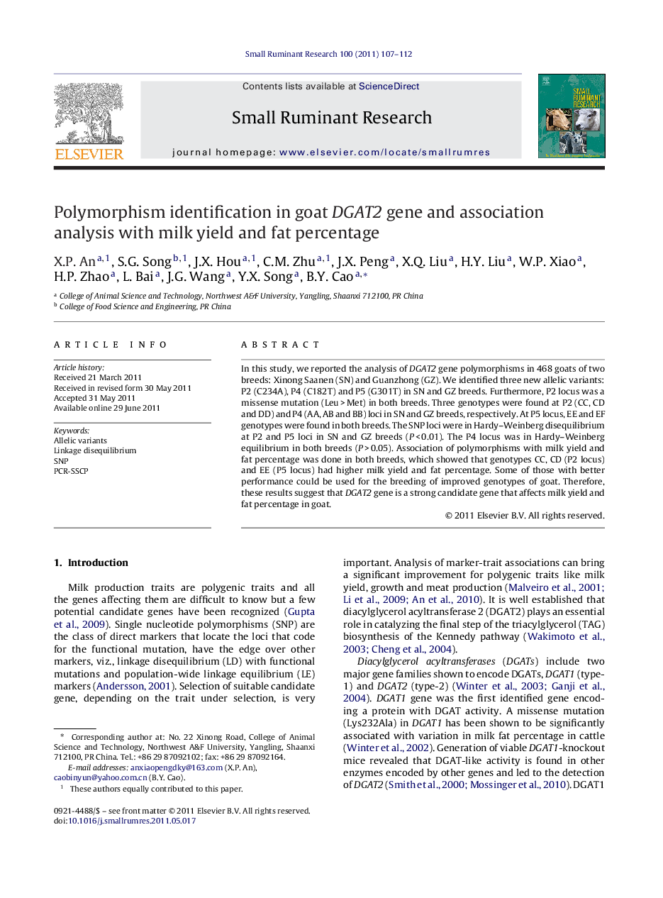 Polymorphism identification in goat DGAT2 gene and association analysis with milk yield and fat percentage