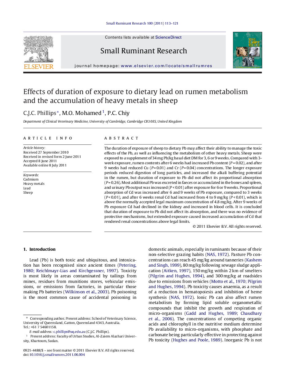 Effects of duration of exposure to dietary lead on rumen metabolism and the accumulation of heavy metals in sheep