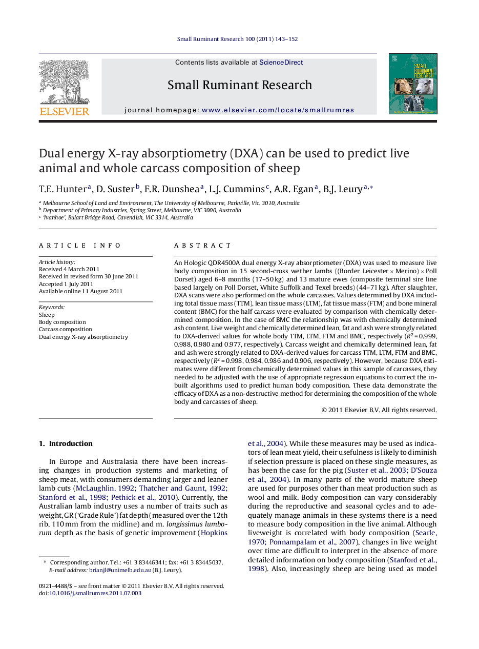 Dual energy X-ray absorptiometry (DXA) can be used to predict live animal and whole carcass composition of sheep