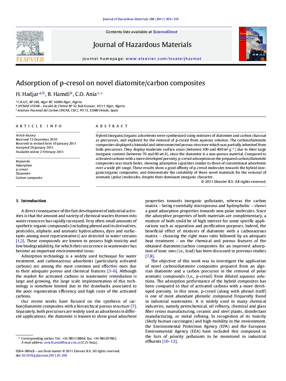 Adsorption of p-cresol on novel diatomite/carbon composites