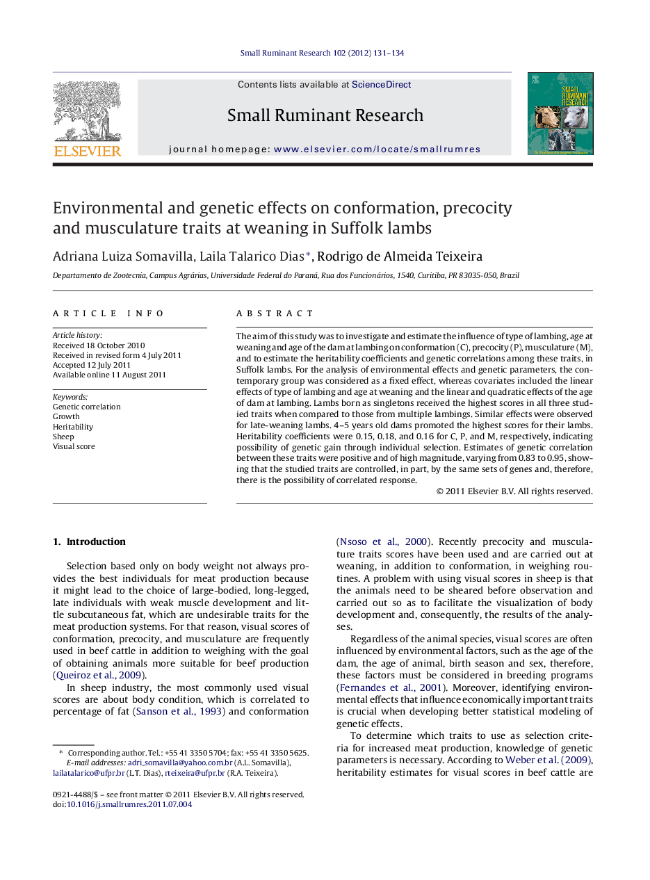 Environmental and genetic effects on conformation, precocity and musculature traits at weaning in Suffolk lambs