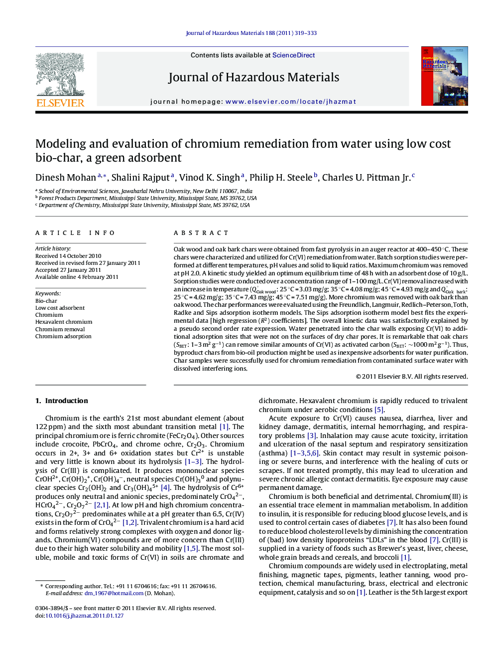 Modeling and evaluation of chromium remediation from water using low cost bio-char, a green adsorbent