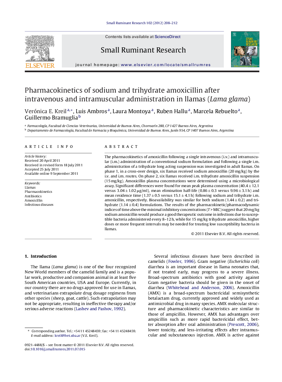 Pharmacokinetics of sodium and trihydrate amoxicillin after intravenous and intramuscular administration in llamas (Lama glama)