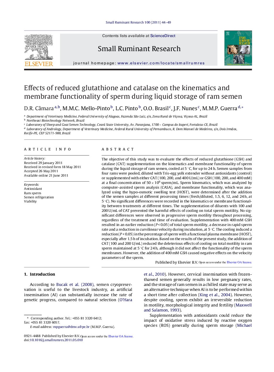 Effects of reduced glutathione and catalase on the kinematics and membrane functionality of sperm during liquid storage of ram semen